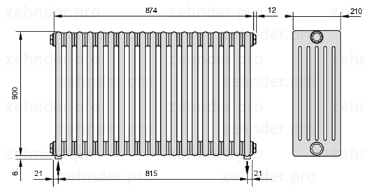 Схема (чертеж) Радиатор Zehnder Charleston 6090/19 №5310 Белый глянцевый RAL 9016